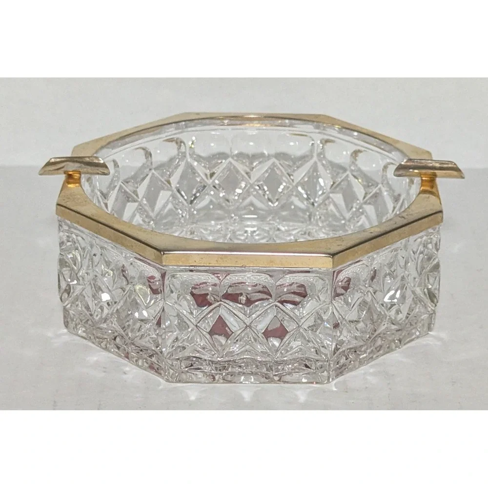 Vintage Hofbauer Byrdes Ruby Red Clear Cut Crystal and Brass Octagon Ashtray